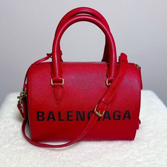 $2420 BALENCIAGA Ville Small Red Bowling 2 way Bag Yellow Interior - Picture 1 of 13